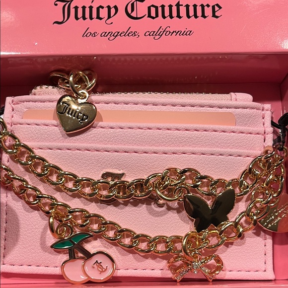 Juicy Couture Pink Card Case with Zipper, Gold Tone Charm Chain Wristlet - Picture 3 of 4